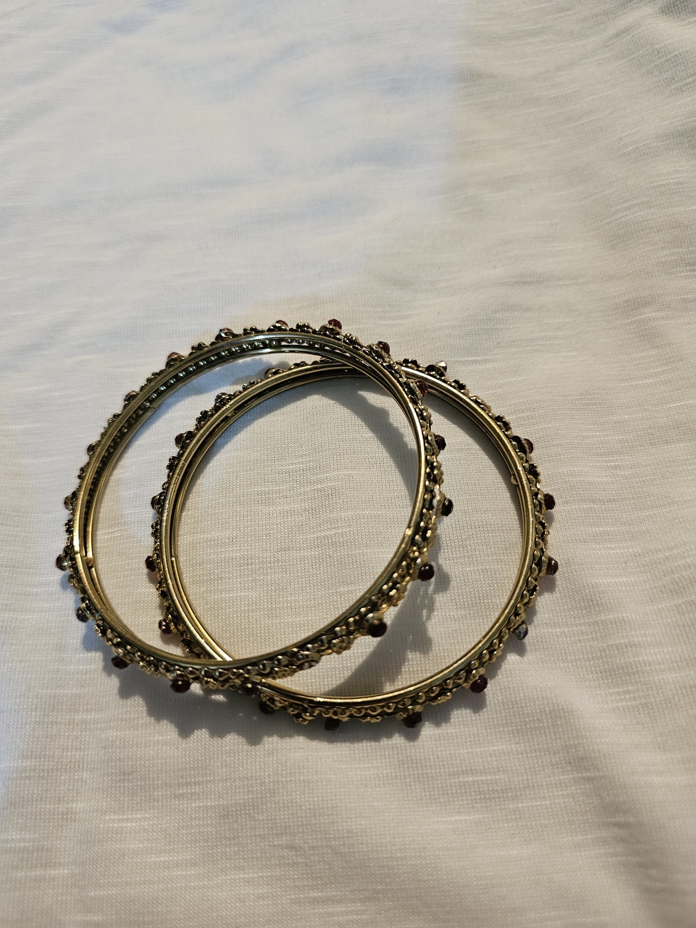 Gold-Tone Filigree Stackable Bangle Bracelets with Garnet Beads